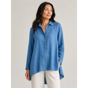 Eileen Fisher Tunic Medium Blue Organic Irish Linen Button Down Shirt